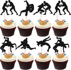 24 PCS Wrestling Cupcake Toppers Glitter Wrestler Cupcake Picks Wrestling Birthday Party Decorations for Sport Theme Boys Men Birthday Party Cake Decorations Supplies Black
