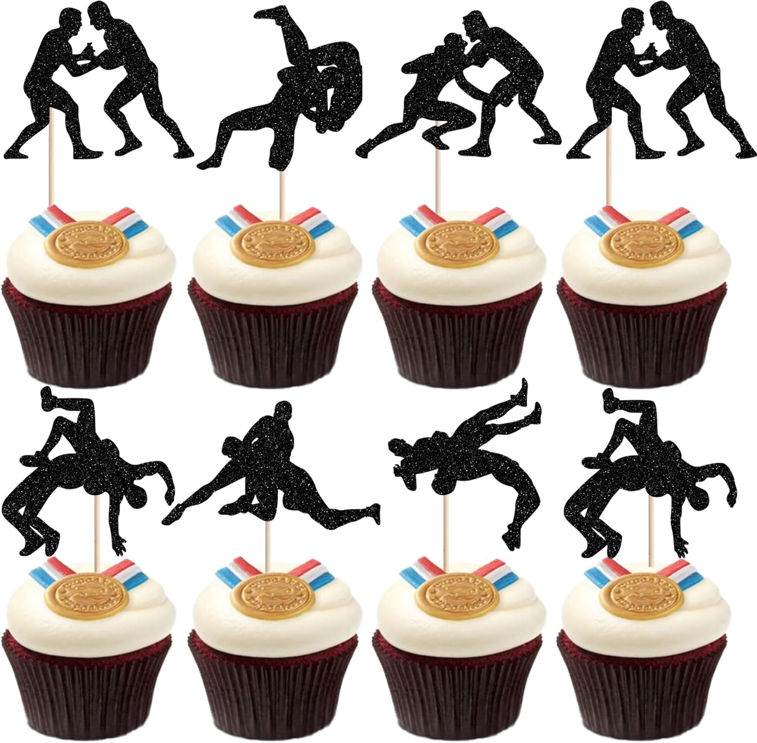24 PCS Wrestling Cupcake Toppers Glitter Wrestler Cupcake Picks Wrestling Birthday Party Decorations for Sport Theme Boys Men Birthday Party Cake Decorations Supplies Black