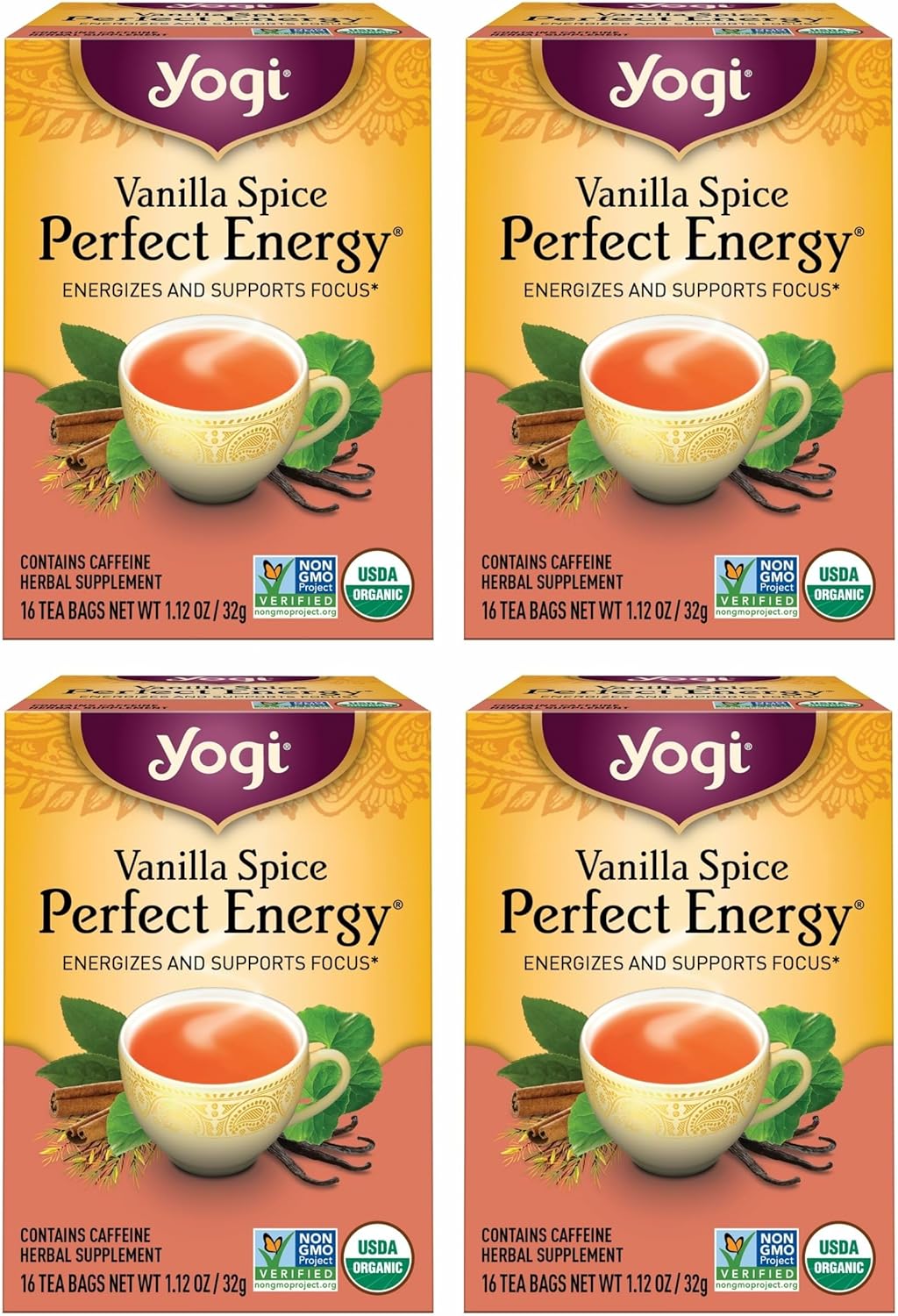 Yogi Tea Vanilla Spice Perfect Energy - 16 Bags per Pack (4 Packs) - Organic Vanilla Energy Tea - Focus Tea - Includes Green Tea, Black Tea, Ashwagandha, L-Theanine & More