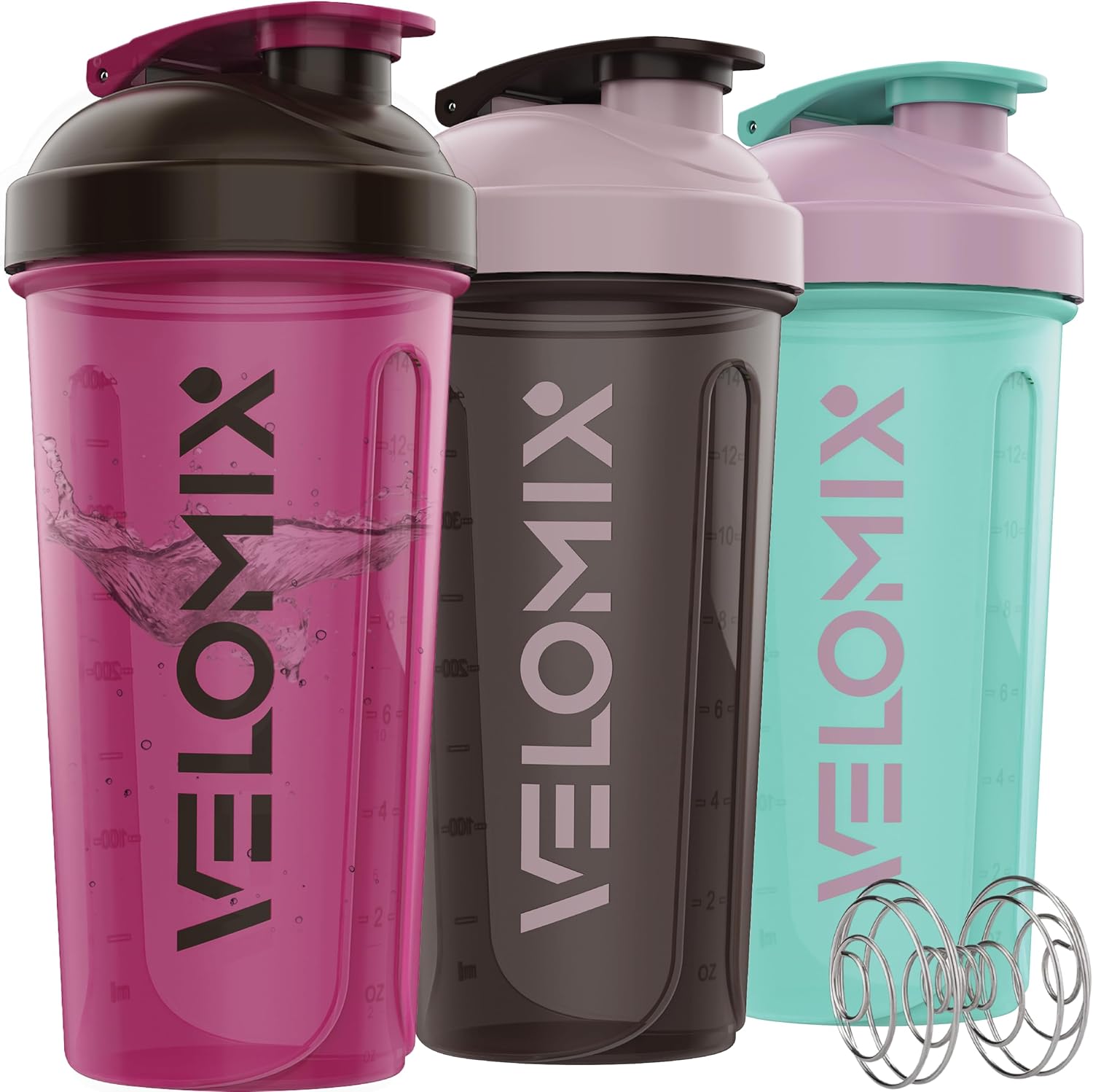 VELOMIX -3 PACK- 18 oz Protein Shaker Bottle for Protein Mixes - 3x Wire Whisk | Leak Proof Shaker Cups for Protein Shakes | Stackable Protein Shaker Bottle Pack | Dishwasher Safe