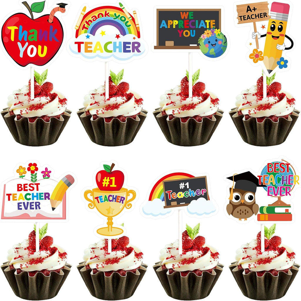 WorldBazaar Teacher Appreciation Cupcake Toppers 24 PCS Thank You Cupcake Toppers Teacher Appreciation Graduation Birthday Party Decorations