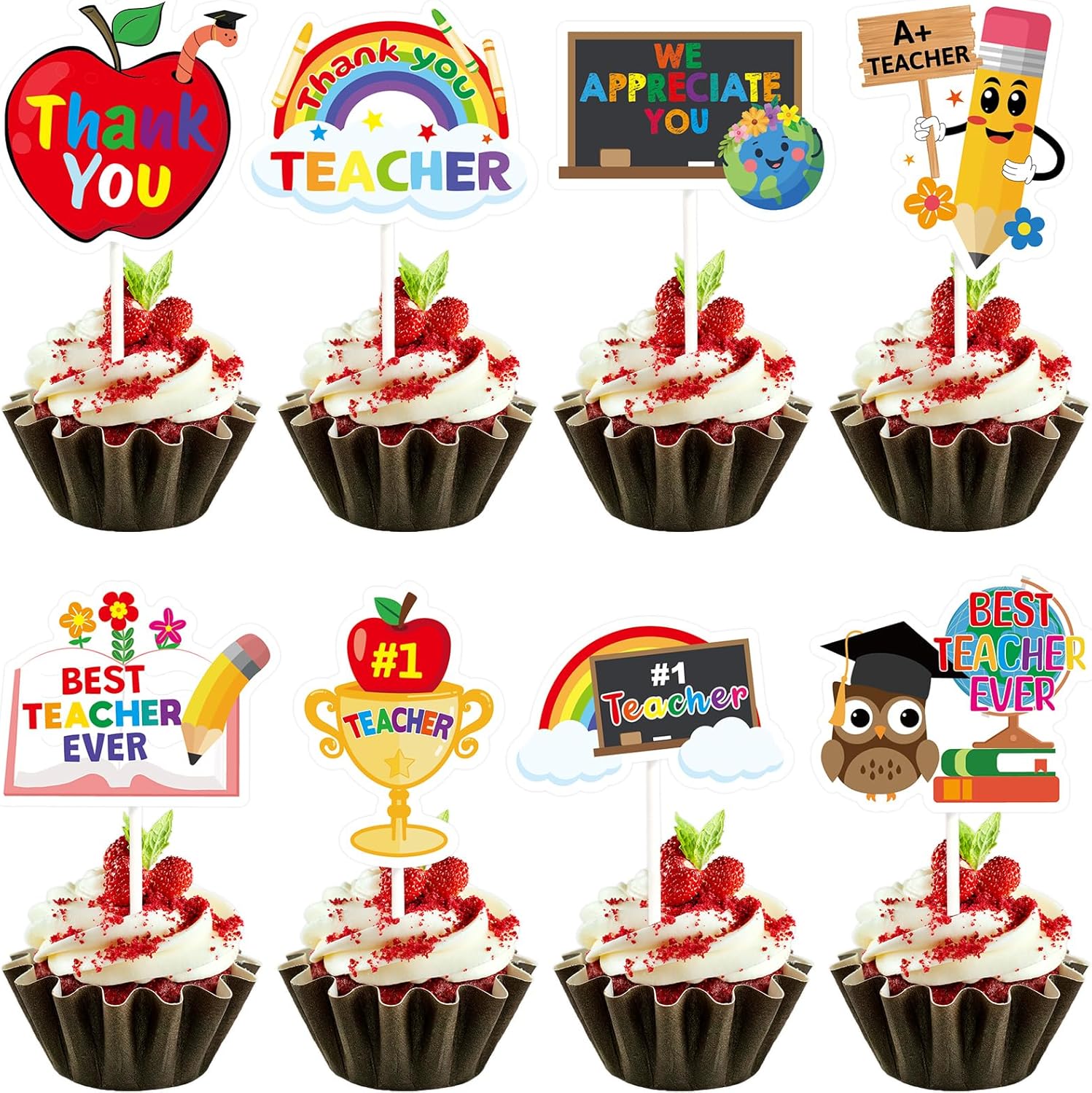WorldBazaar Teacher Appreciation Cupcake Toppers 24 PCS Thank You Cupcake Toppers Teacher Appreciation Graduation Birthday Party Decorations