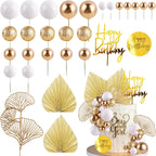MEMOVAN White Gold Balls Cake Toppers Champagne Rose Cake Decoration with Gold Palm Leaves Boho Birthday Cake Decoration Balloon Cake Insert for Birthday Bohemian Wedding Baby Shower Party