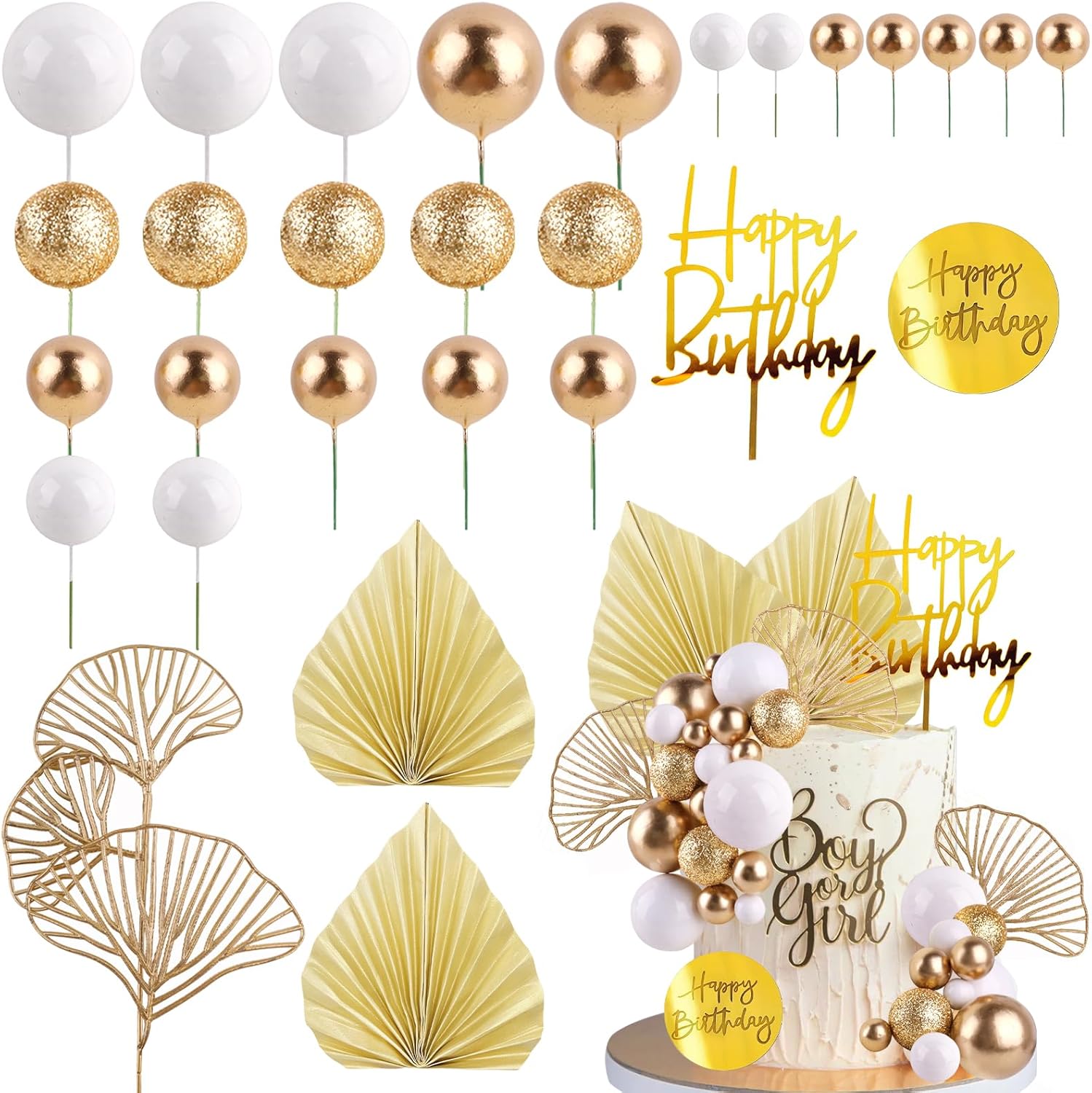MEMOVAN White Gold Balls Cake Toppers Champagne Rose Cake Decoration with Gold Palm Leaves Boho Birthday Cake Decoration Balloon Cake Insert for Birthday Bohemian Wedding Baby Shower Party