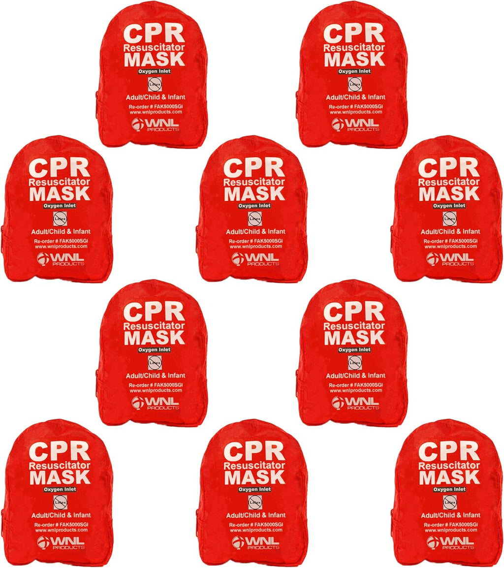 WNL Products CPR Rescue Mask, Adult/Child & Infant Pocket Resuscitator, Soft Case Kit with Belt Clip 10 Pack