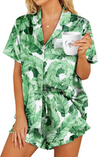 HOTOUCH Womens Satin Pajamas Set Button Down 2 Piece Silk Pjs Shorts Set Ruffle Lingerie Notch Collar Sleepwear