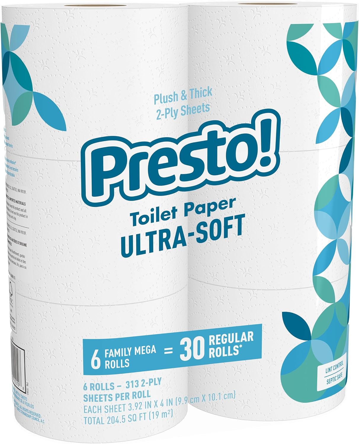 Amazon Brand - Presto! 2-Ply Ultra-Soft Toilet Paper, 6 Family Mega Rolls = 30 regular rolls, 1878 Count (6 roll of 313 sheets), Unscented, White