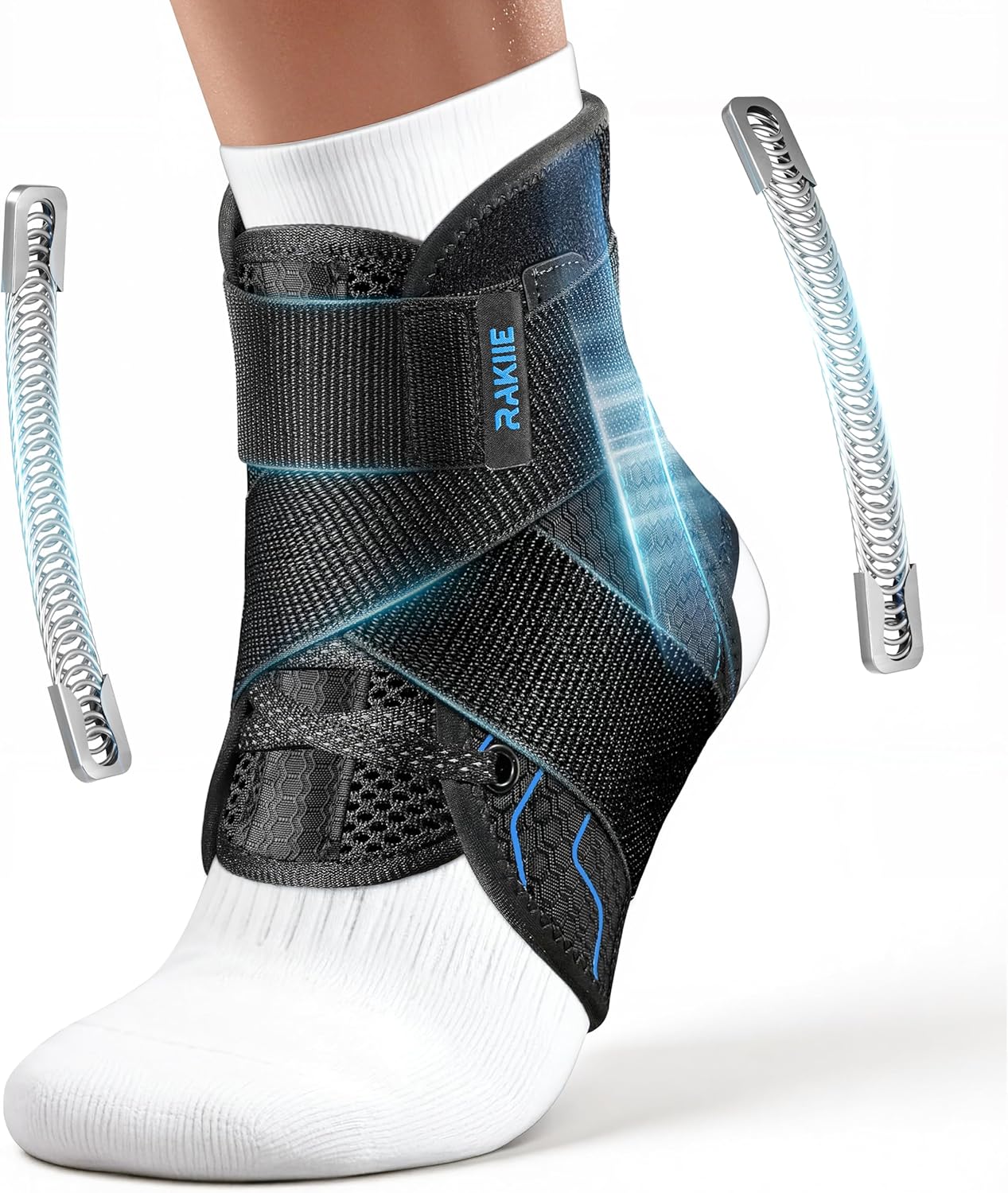 Rakiie Quick Lace Up Ankle Brace with 2 Metal Support Stays, Breathable Stabilizer for Sprained Ankle, Slim Fit Ankle Support for Men & Women, Sports, Running, Basketball (Black, M)
