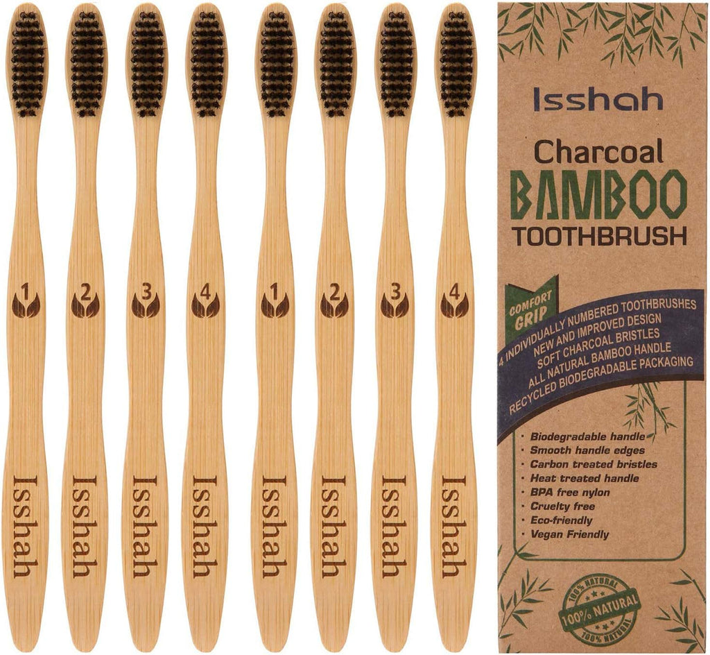 Biodegradable Eco-Friendly Natural Compostable Bamboo Toothbrushes, FSC Certified and PETA Approved - Pack of 8