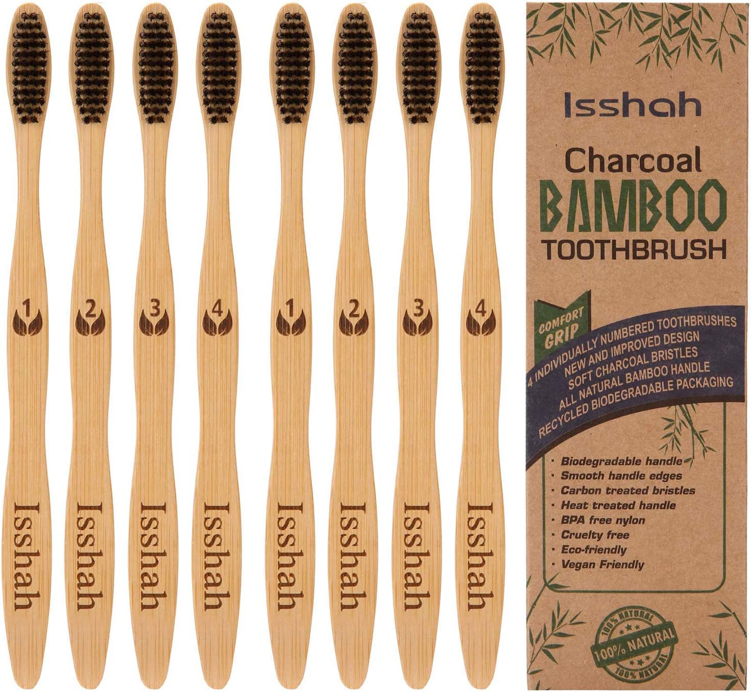 Biodegradable Eco-Friendly Natural Compostable Bamboo Toothbrushes, FSC Certified and PETA Approved - Pack of 8