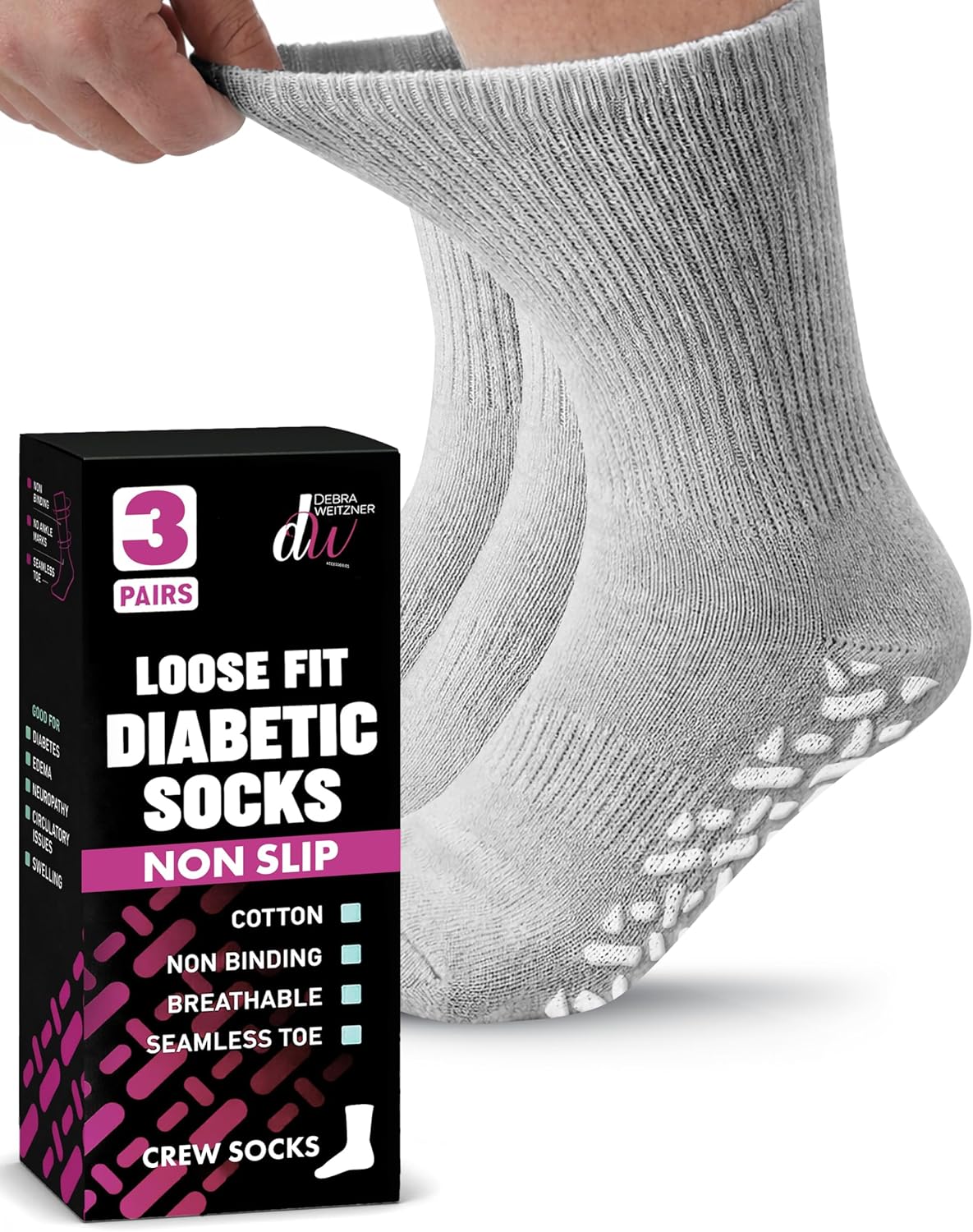 Debra Weitzner Non-Binding Loose Fit Sock - Non-Slip Diabetic Socks for Men and Women - Crew 3Pk Grey