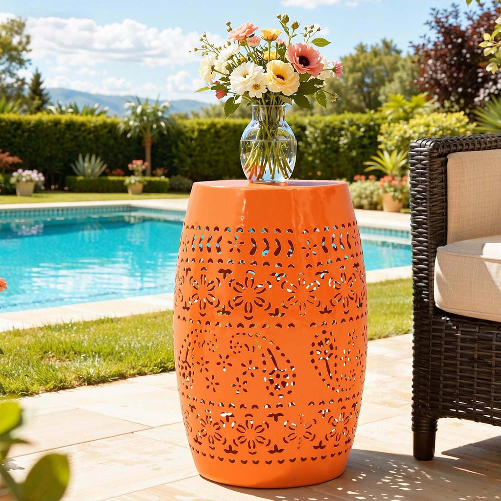 Large Outdoor Side Table, 18"H Modern Lace Cut-Out Metal End Table, Hollow Drum Coffee Table Planter Stand with No Assembly & Weather-Resistant,Decorative Garden Stool for Patio, Garden, Indoor