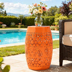 Large Outdoor Side Table, 18"H Modern Lace Cut-Out Metal End Table, Hollow Drum Coffee Table Planter Stand with No Assembly & Weather-Resistant,Decorative Garden Stool for Patio, Garden, Indoor