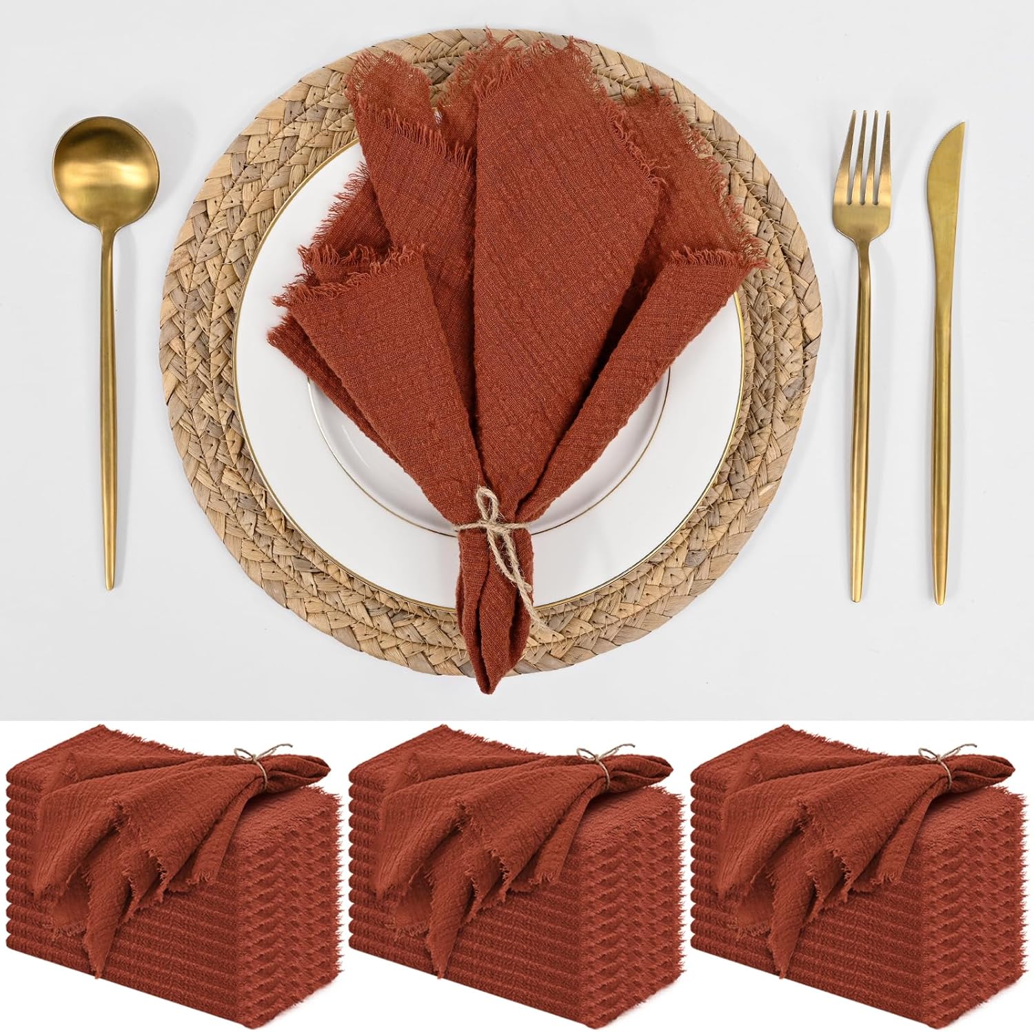 36 Pack Terracotta Napkins 16 x 16 Inch,Terracotta Linen Napkins Handmade Cotton with Fringe,Washable and Reusable Napkin,Soft Rustic Boho Fringe Napkin Cloth for Christmas,Dinners,Parties, Wedding