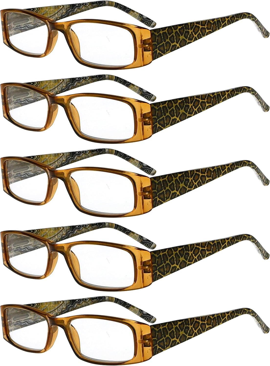 Eyekepper 5-Pack Spring Hinges Tiger Patterned Temples Rectangular Reading Glasses Readers Brown +3.0