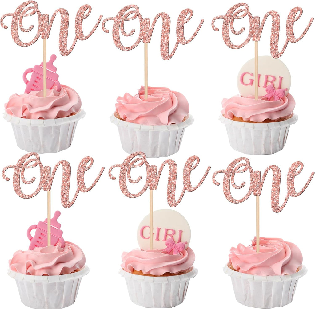 24 Pack One Cupcake Toppers Glitter Baby First Birthday Party Cupcake Food Picks Decorations for Baby Shower Boys Girls Kids 1st Birthday Party Cake Decorations Supplies Rose Gold
