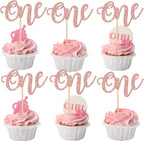 24 Pack One Cupcake Toppers Glitter Baby First Birthday Party Cupcake Food Picks Decorations for Baby Shower Boys Girls Kids 1st Birthday Party Cake Decorations Supplies Rose Gold