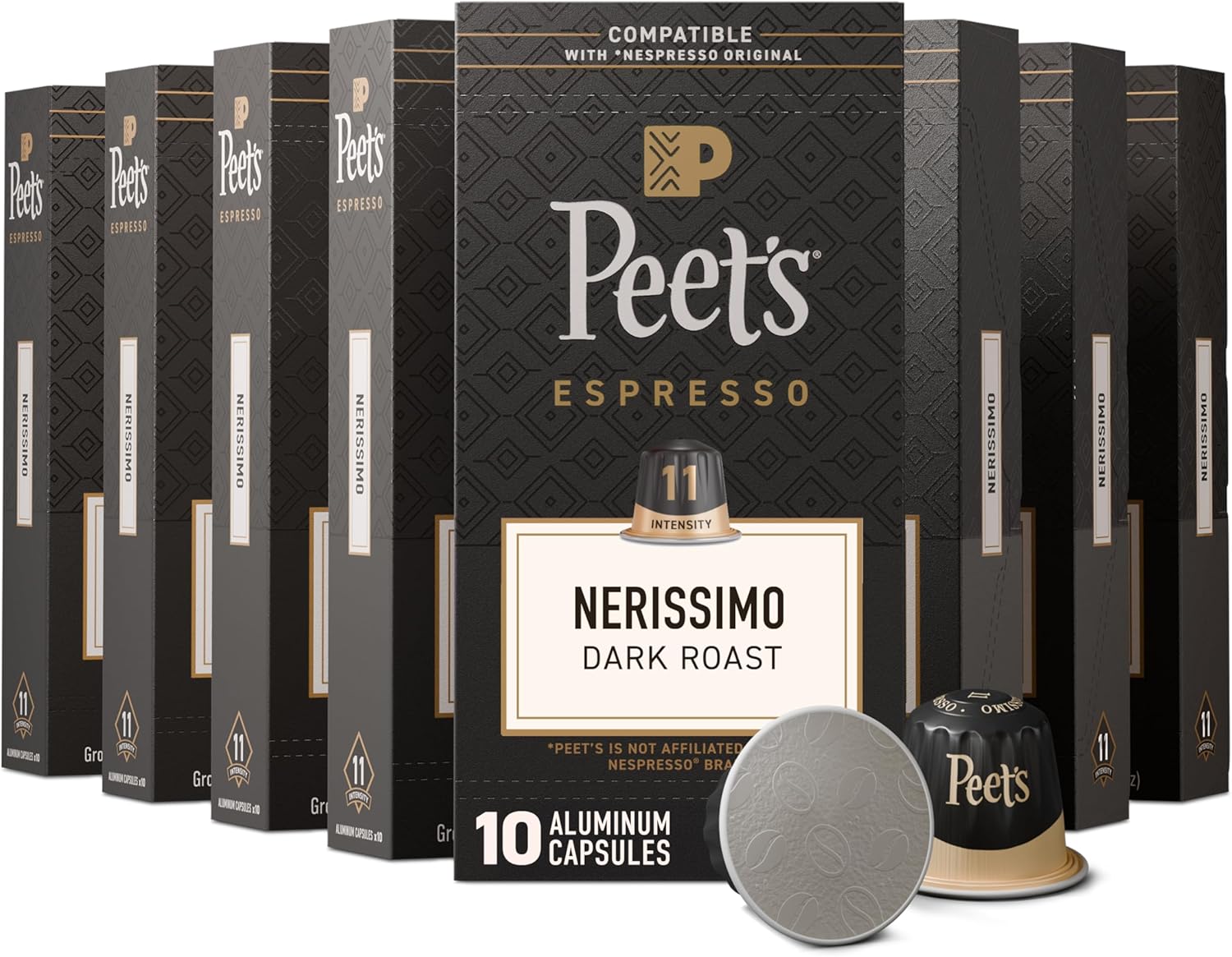 Peet's Coffee, Dark Roast Espresso Capsules, Compatible with Nespresso Original Machine, 100% Arabica Coffee - Nerissimo Intensity 11, 100 Count (10 Boxes of 10 Espresso Capsules)