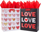 SUNCOLOR Large Valentine's Day Gift Bags with Tissue Paper, Red and White Love Heart Design, 13x10.2x4.9 Inches, 2 Pack with 6 Tissue Sheets