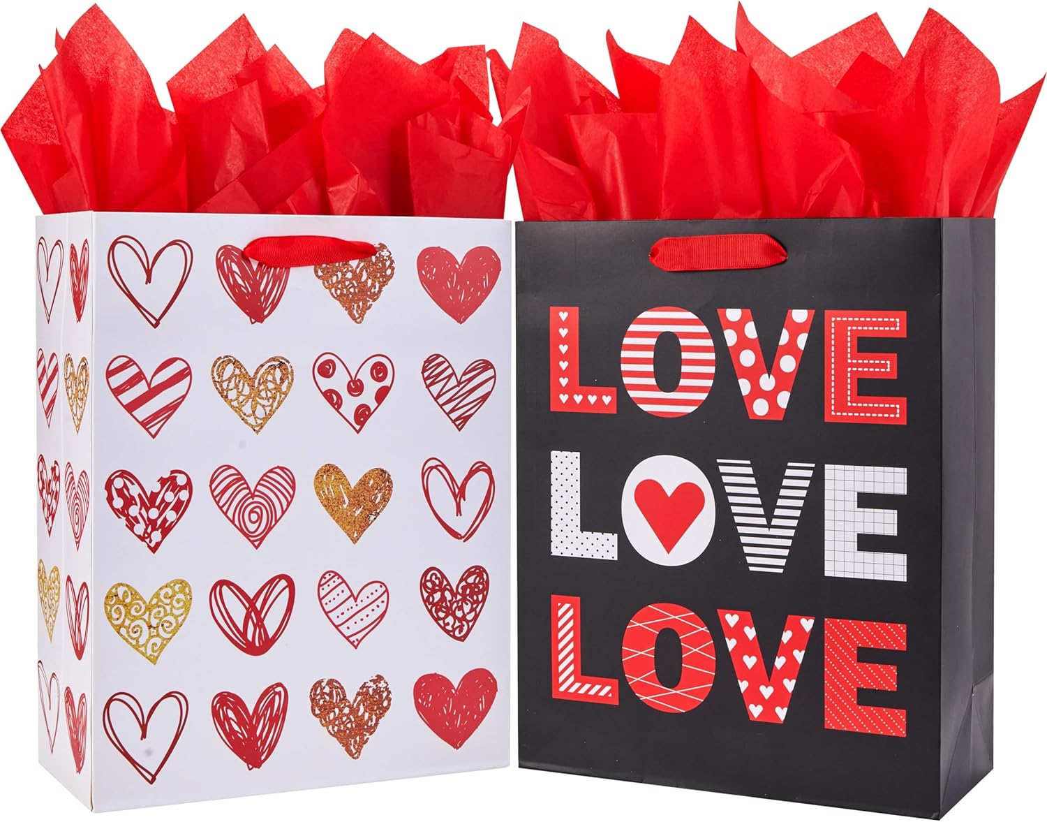 SUNCOLOR Large Valentine's Day Gift Bags with Tissue Paper, Red and White Love Heart Design, 13x10.2x4.9 Inches, 2 Pack with 6 Tissue Sheets