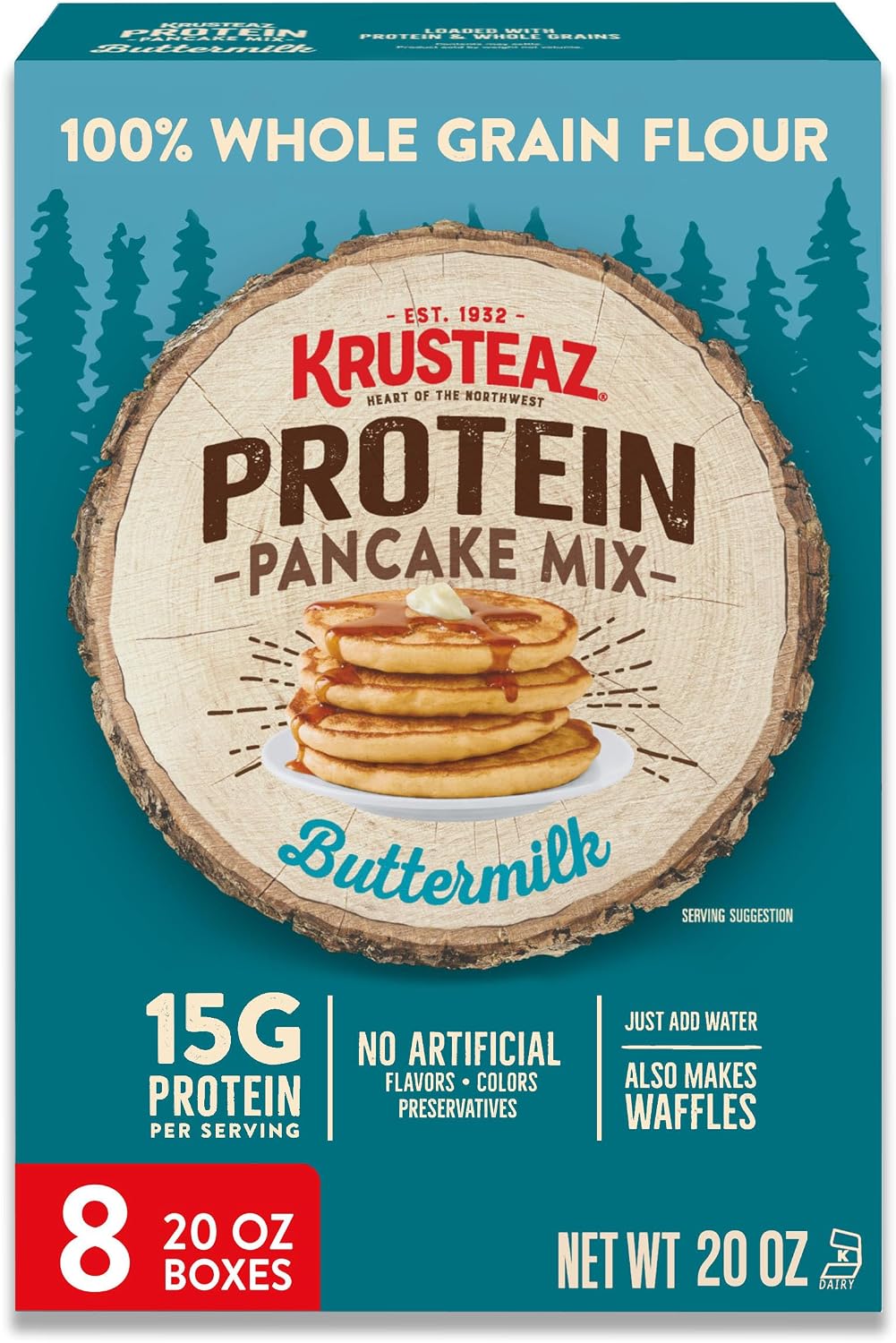 Krusteaz Protein Buttermilk Pancake and Waffle Mix, 15g Protein Per Serving, 20 oz Boxes (Pack of 8)