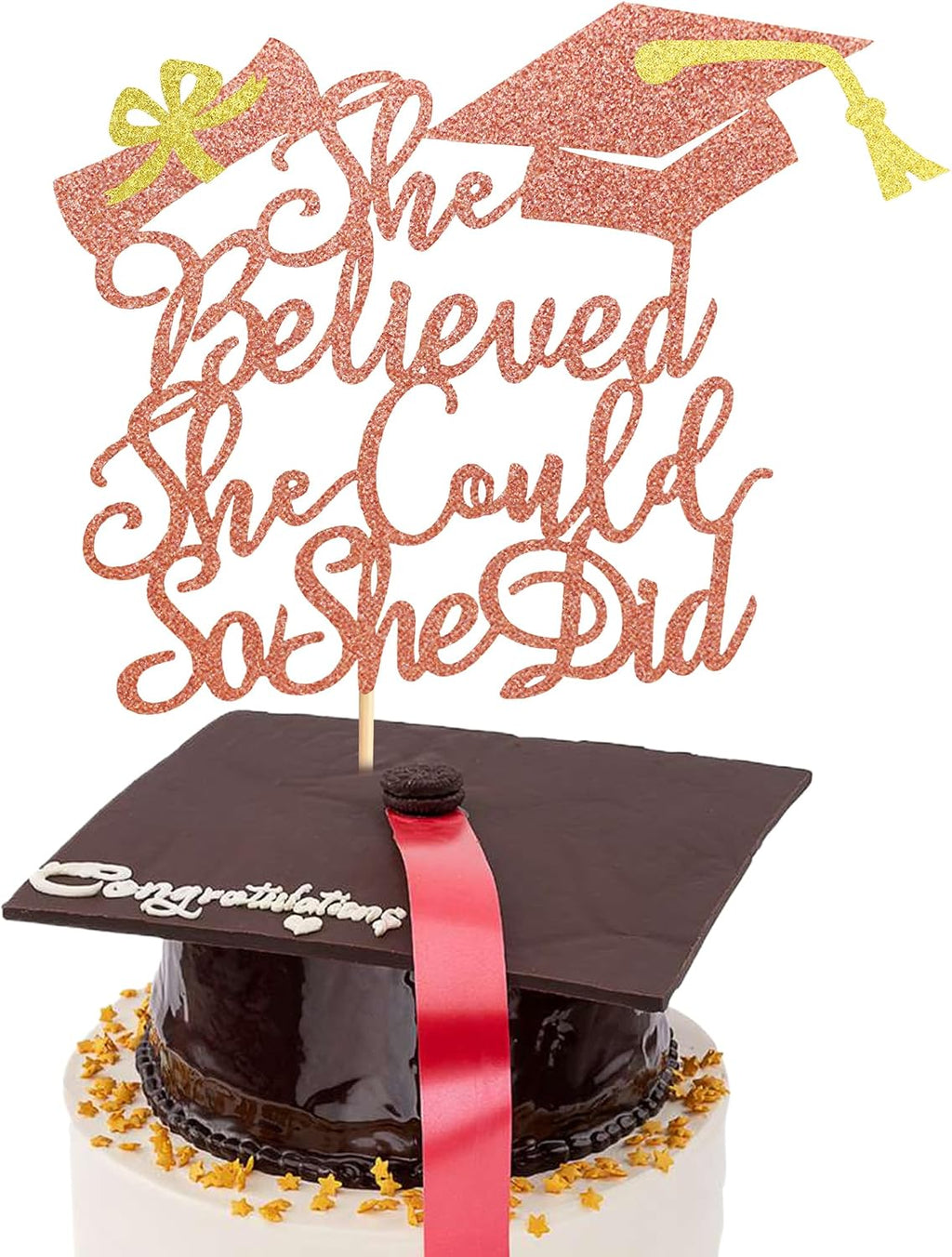 Arthsdite 1Pc She Believed She Could So She Did Cake Topper, 2026 Graduation Cake Topper, Graduation Decorations for Girls, High School/College/University Graduation Decoration - Rose Gold Glitter