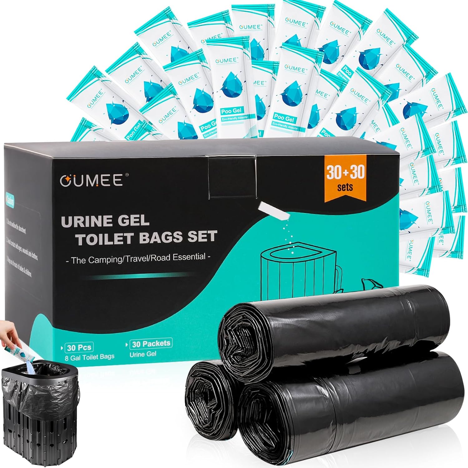 Portable Toilet Bags with Poo Gel Set, 8 Gallon Camping Toilet Bags with Absorbent Gels, Waste Bags, Leak-Proof Trash Bag for Camping Potty, Traveling