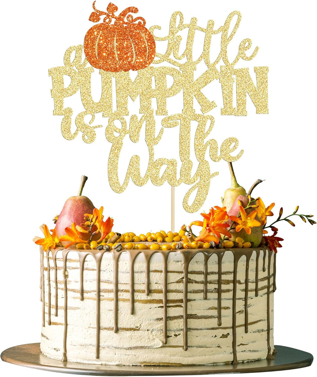 1Pc Little Pumpkin is on the Way Cake Topper Orange Glitter Boy Pumpkin Baby Shower Cake Topper Decorations for Autumn Little Pumpkin Themed Baby Shower Kids Boys Girls Birthday Party Supplies
