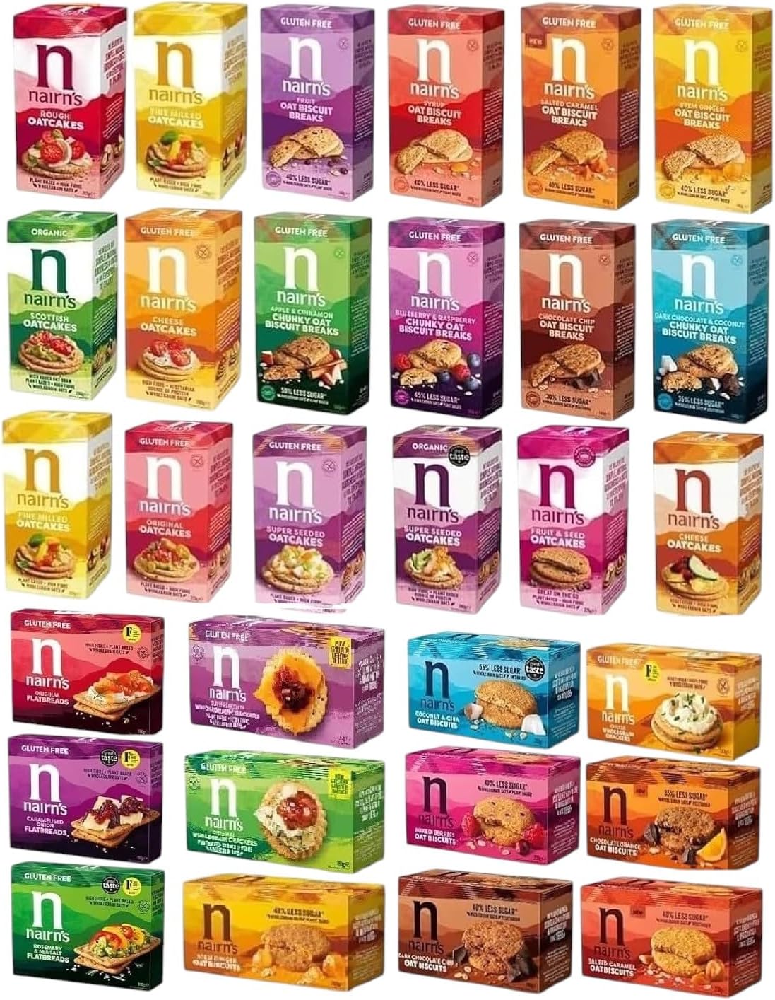 Nairn's PICK ANY 6 Gluten Free & Non-Gluten Free Oat Biscuits, Oatcakes, Crackers, Flatbreads. Flavours inc. Chocolate chip, cheese, fruit and seed, Stem Ginger, Mixed Berries, Salted Caramel Etc.…