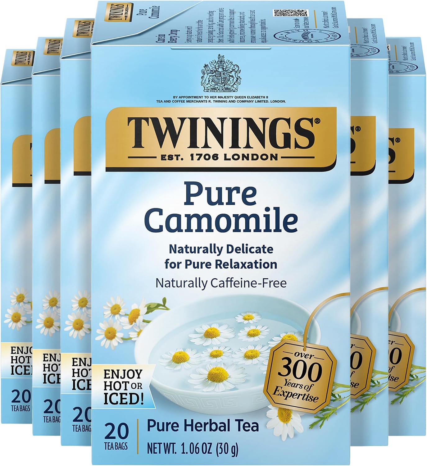 Twinings Pure Camomile Herbal Tea Individually Wrapped Bags, Calming & Delicate, 20 Count (Pack of 6), Naturally Caffeine-Free, Enjoy Hot or Iced, 120 Teabags