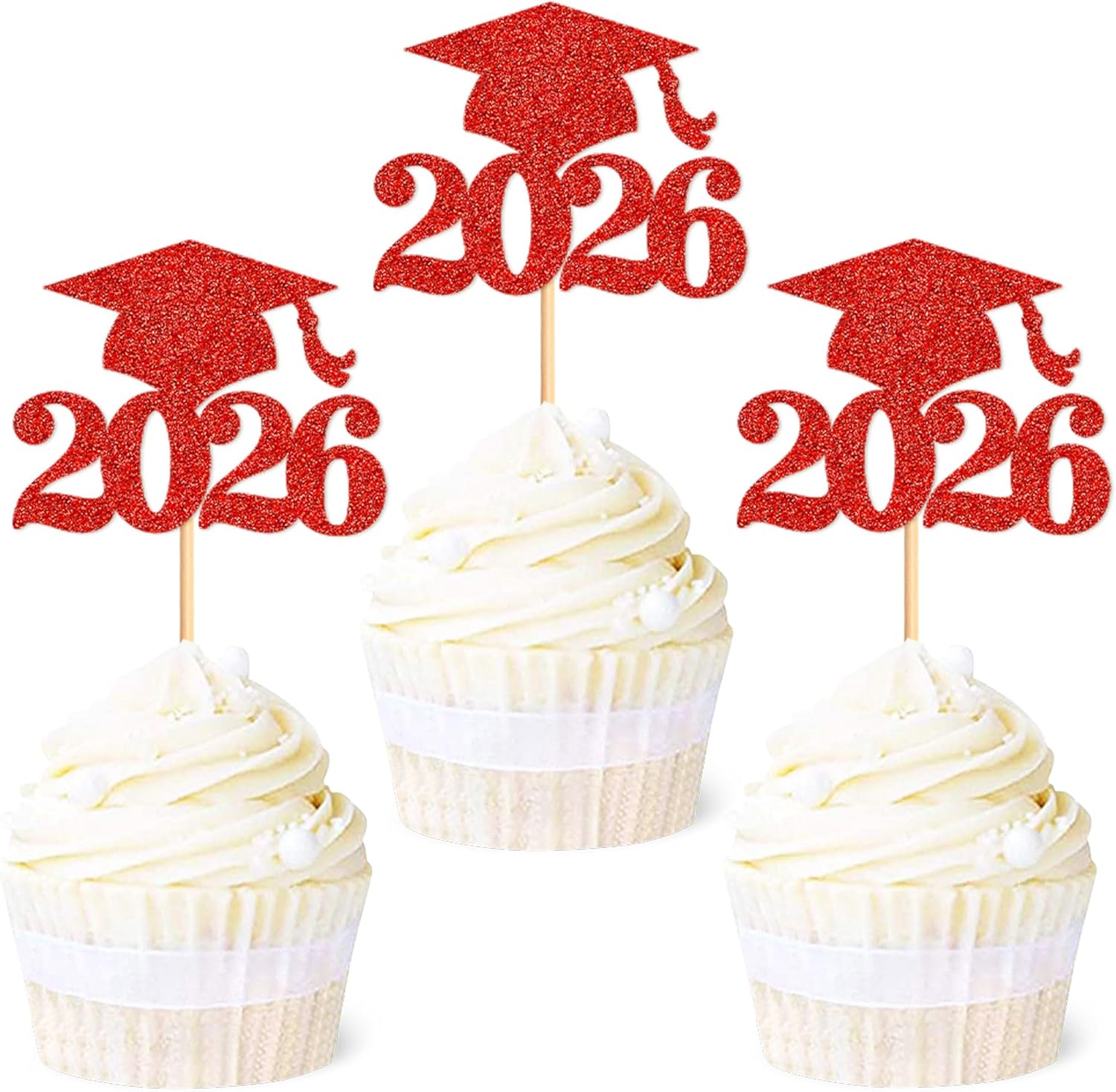 Ercadio 36 Pack 2026 Graduation Cap Cupcake Toppers Glitter Red Class of 2026 Grad Cap Cupake Picks Decorations for 2026 Doctor Graduate Celebration Theme Party Supplies