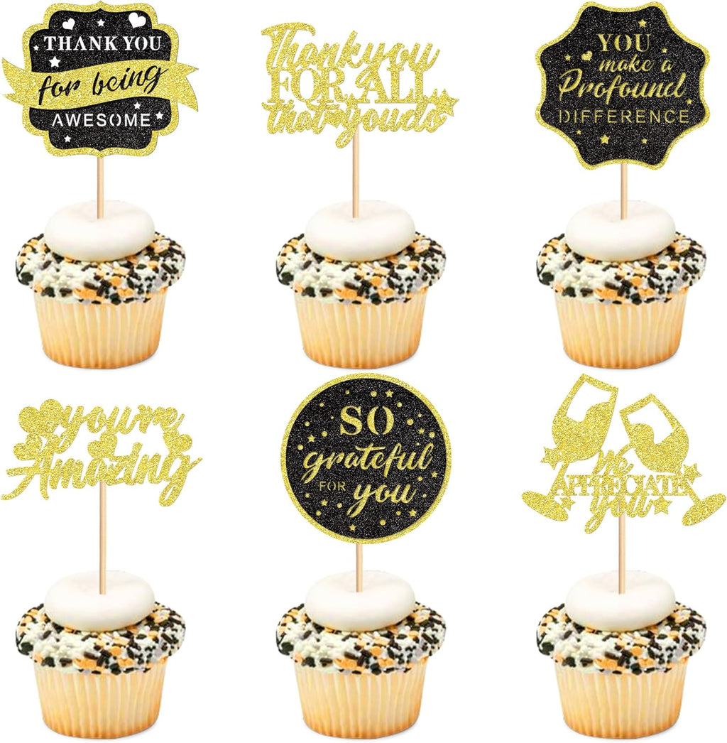 Ercadio 24Pcs We Appreciate You Cupcake Toppers Glitter Black Gold Thank You Being Awesome Retirement Cupcake Decorations Graduation Parents Appreciation Theme Teacher's Mother Father Day Supplies