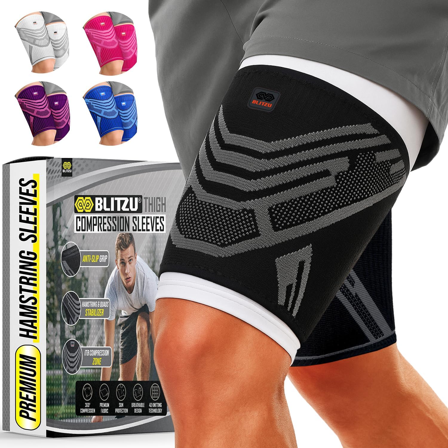 BLITZU Hamstring Compression Sleeve 1 Pair, Upper Leg Sleeves, Thigh, Quad & Groin Support for Men and Women, Anti-Slip Thigh Brace & Wrap for Running, Workout, Sports Recovery Black S