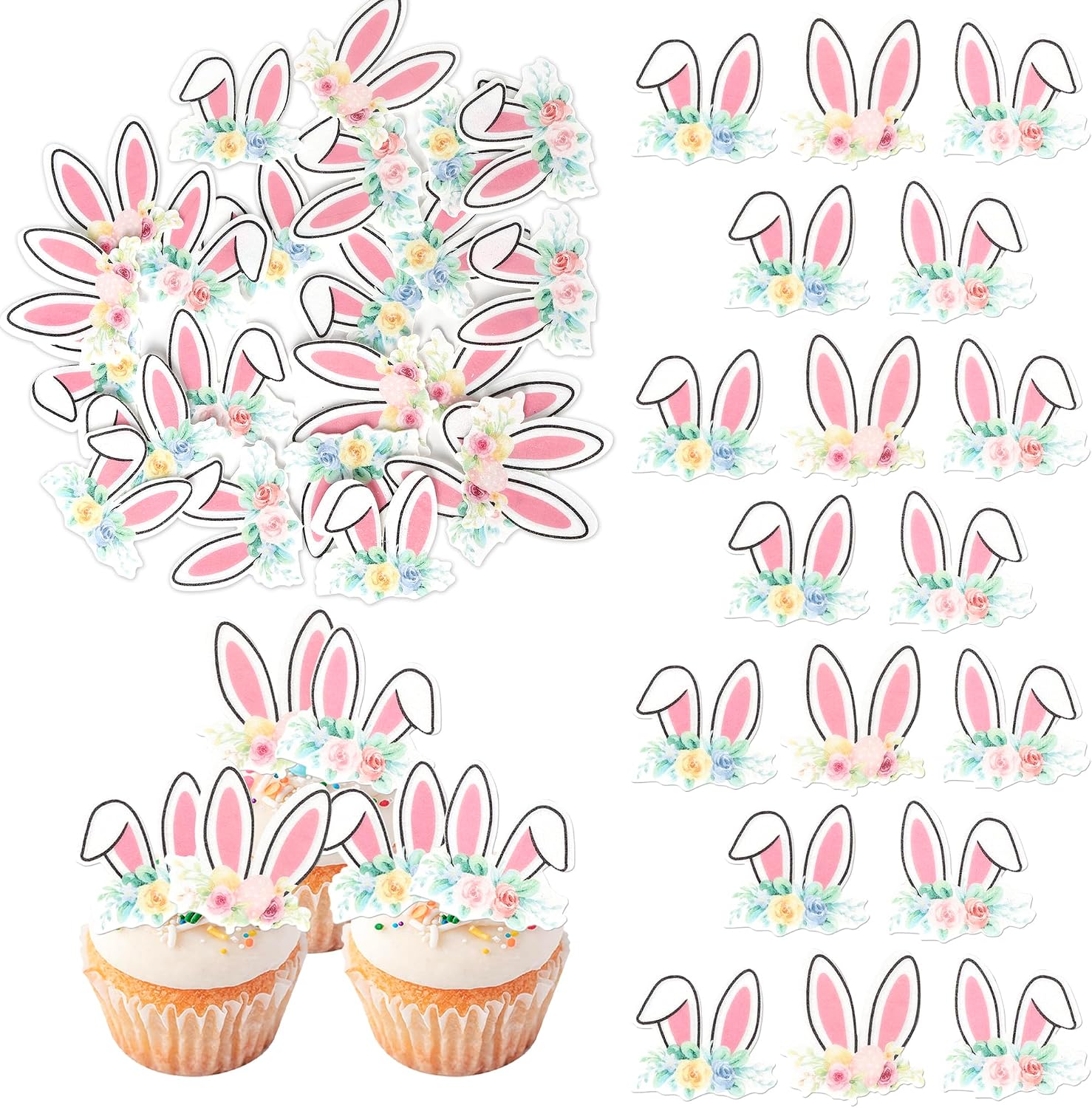 48 PCS Edible Bunny Ears Cupcake Toppers Rabbit Ears Bunny Party Cake Decorations Happy Easter Cupcake Picks for Easter Theme Baby Shower Birthday Party Food Decorations Supplies