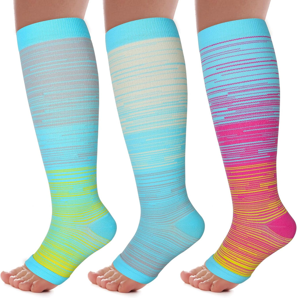3 Pack Toeless Compression Socks for Women&Men 20-30mmHg Open Toe Knee High Support Socks for Varicose Vein Running