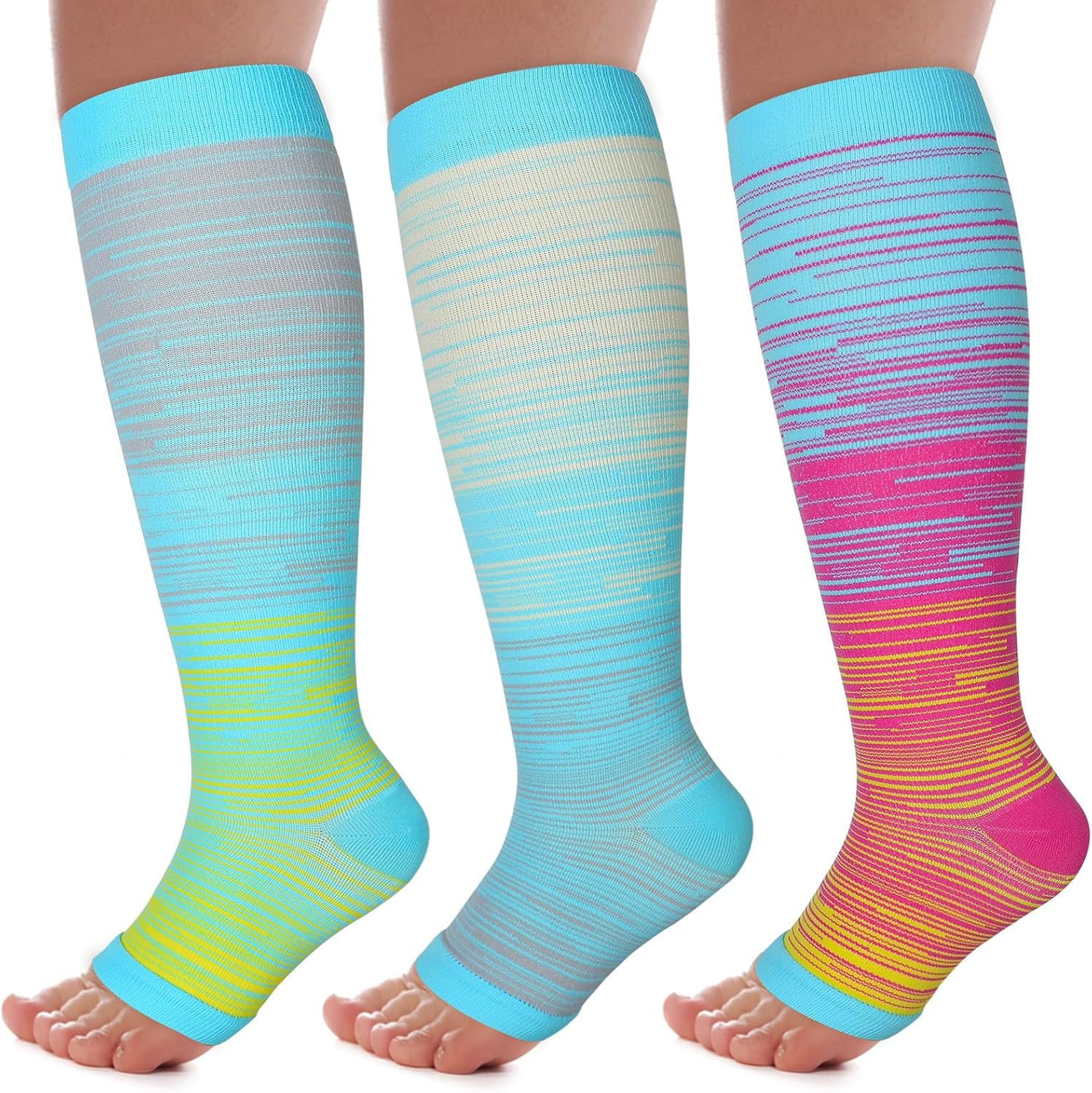 3 Pack Toeless Compression Socks for Women&Men 20-30mmHg Open Toe Knee High Support Socks for Varicose Vein Running