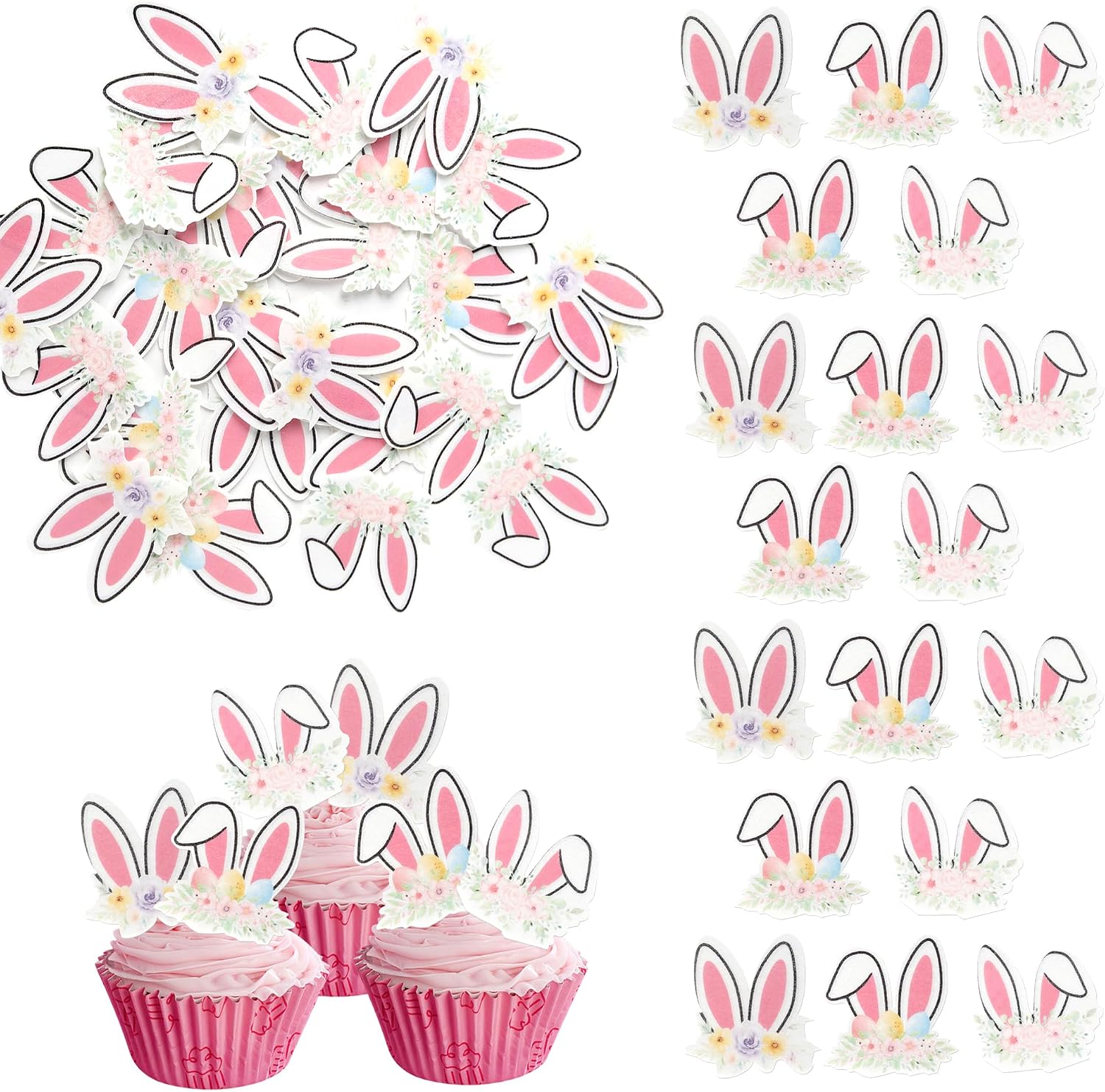 48 PCS Edible Happy Easter Cupcake Toppers Rabbit Ears Bunny Party Cake Decorations Edible Bunny Ear Cupcake Picks for Happy Easter Day Theme Baby Shower Birthday Party Food Decorations Supplies