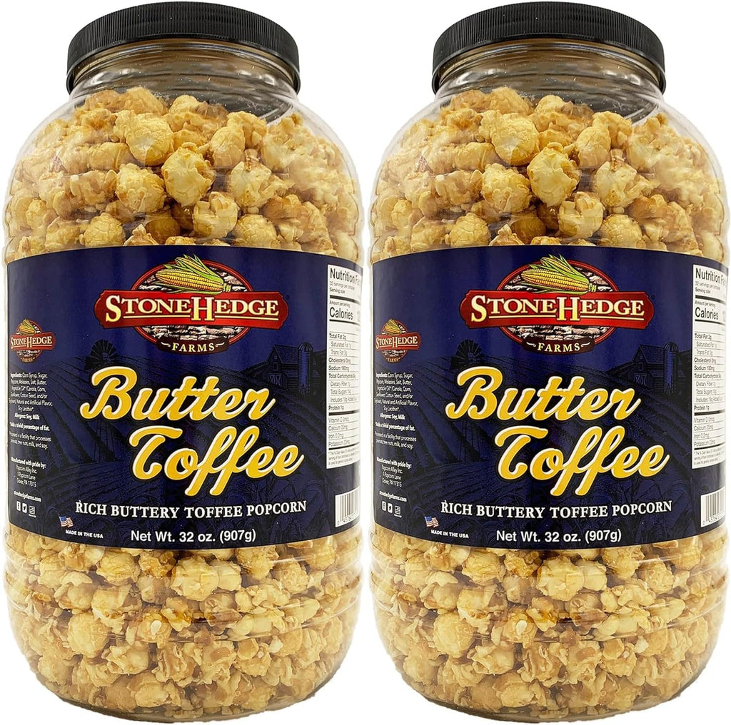 Stonehedge Farms Butter Toffee Flavored Popcorn | 32 oz Tub (Pack of 2) | Perfect for Holidays and Christmas | Reclosable Barrels | Bulk Popped ButterToffee Corn