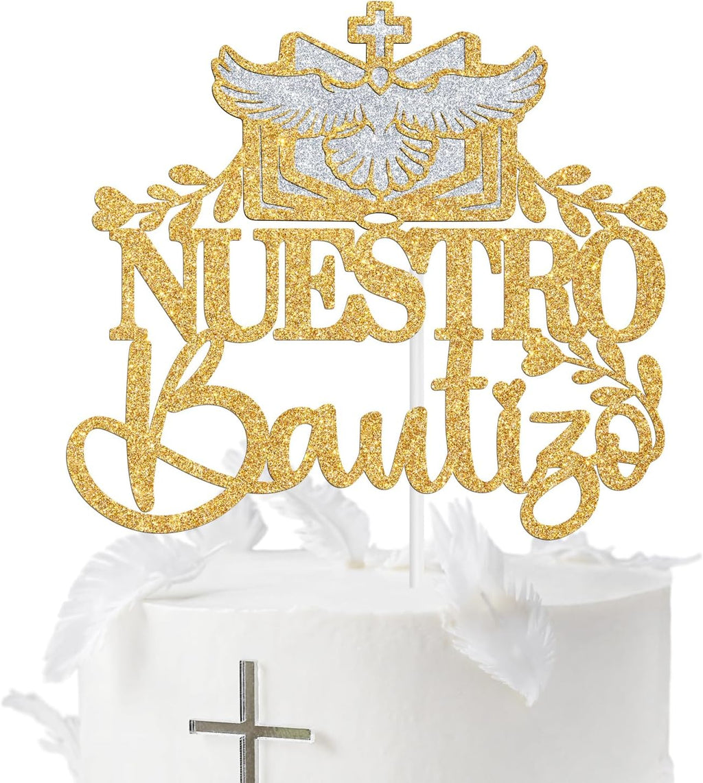 Nuestro Bautizo Cake Topper, Spanish First Holy Communion/Gold Bless, Religious Baby Shower/Baby's 1st Birthday/Baptism Party Decorations Supplies for Boys Girls, Silver and Gold Glitter