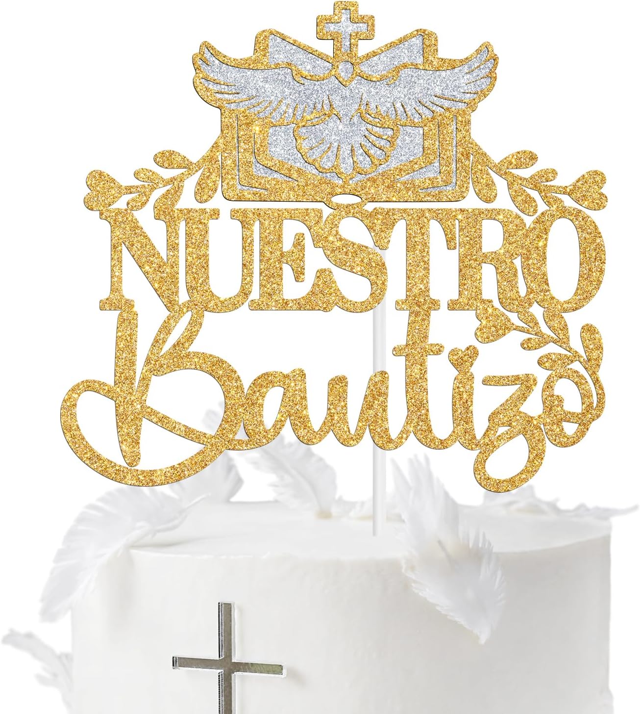 Nuestro Bautizo Cake Topper, Spanish First Holy Communion/Gold Bless, Religious Baby Shower/Baby's 1st Birthday/Baptism Party Decorations Supplies for Boys Girls, Silver and Gold Glitter