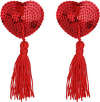 1 Pair Women Reusable Breast Pasties, Heart-Shaped Breast Bra with Sequins Tassel Adhesive Nipple Cover Stickers