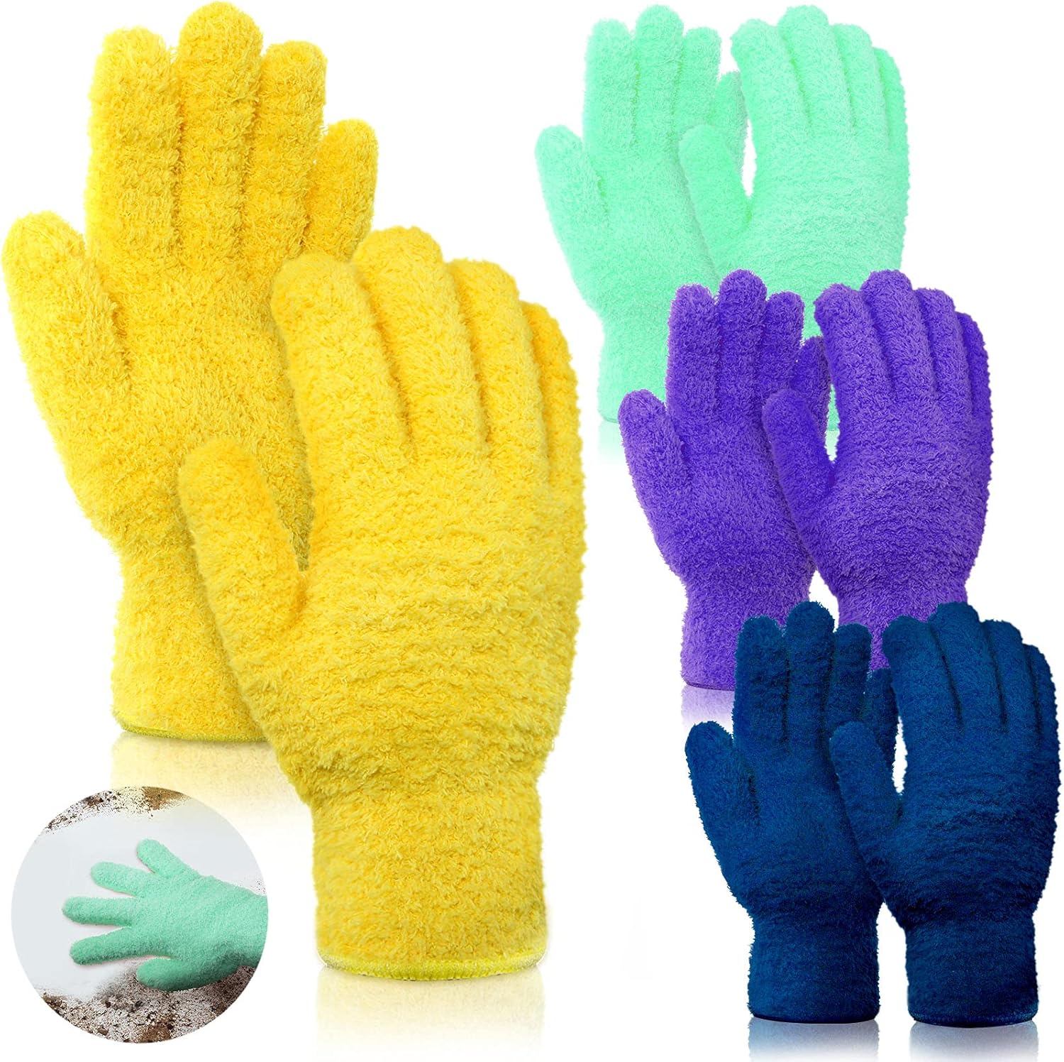 Patelai 4 Pairs Microfiber Plant Dusting Gloves Reusable Leaf Dust Cleaning Glove Mittens for Plants House Cleaning Car Blinds(Green, Dark Blue, Yellow, Purple)