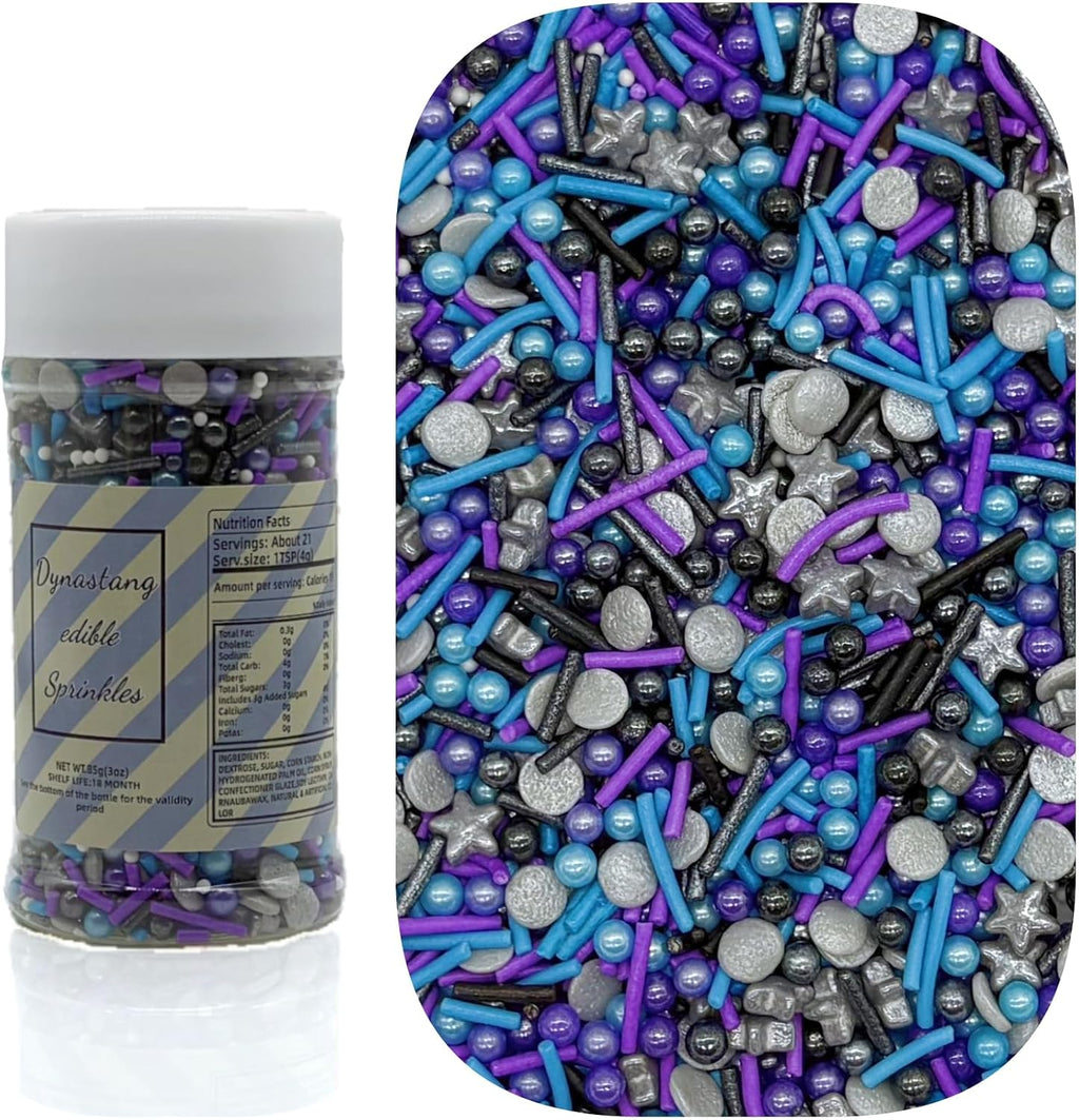 Dynastang Black & Silver & Blue & Purple Sprinkles Mixed Style Edible Cake Decorations Cupcake Toppers Cookie Perfect for Cakes, Cupcakes, Desserts Toppings 3OZ