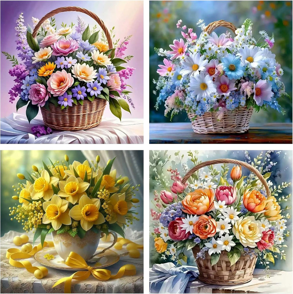 askkqtx 4 Pack Flowers Diamond Art Kits for Adults, Floral Basket Diamond Painting Kits for Beginners, DIY 5D Round Full Drill Crystal Diamond Dots Rhinestone Gem Art Craft Home Decor 12x12 Inch