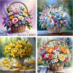 askkqtx 4 Pack Flowers Diamond Art Kits for Adults, Floral Basket Diamond Painting Kits for Beginners, DIY 5D Round Full Drill Crystal Diamond Dots Rhinestone Gem Art Craft Home Decor 12x12 Inch