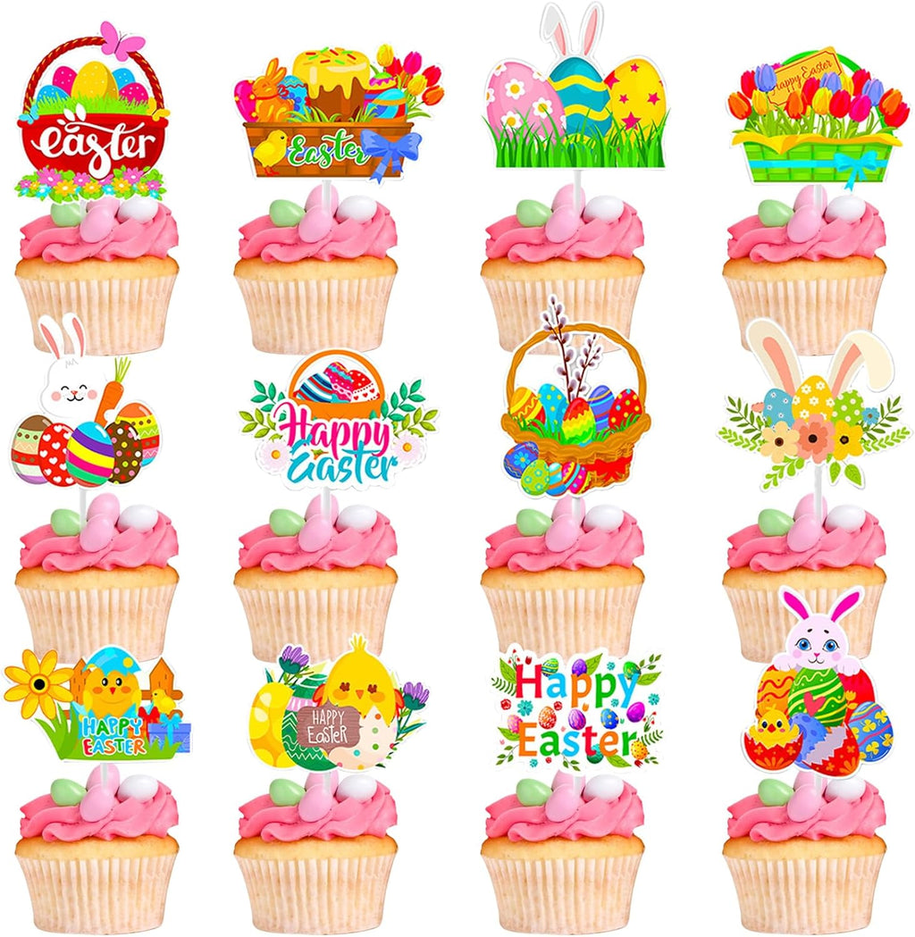 24Pcs Cute Easter Cupcake Toppers Egg Rabbit Chicks Pattern Festivals Theme Cake Toppers Decoration for Birthday Spring Party Supplies (Easter Cupcake Toppers, 24)