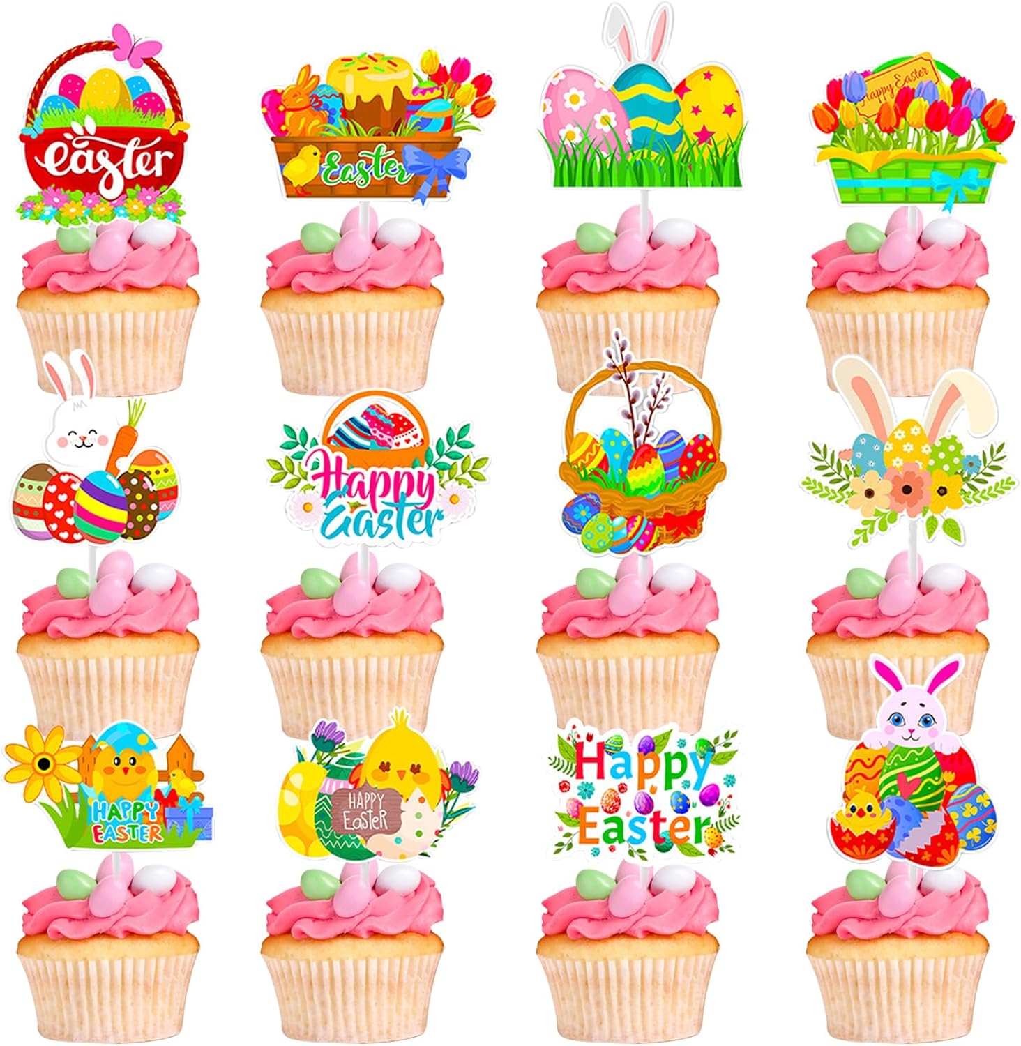 24Pcs Cute Easter Cupcake Toppers Egg Rabbit Chicks Pattern Festivals Theme Cake Toppers Decoration for Birthday Spring Party Supplies (Easter Cupcake Toppers, 24)