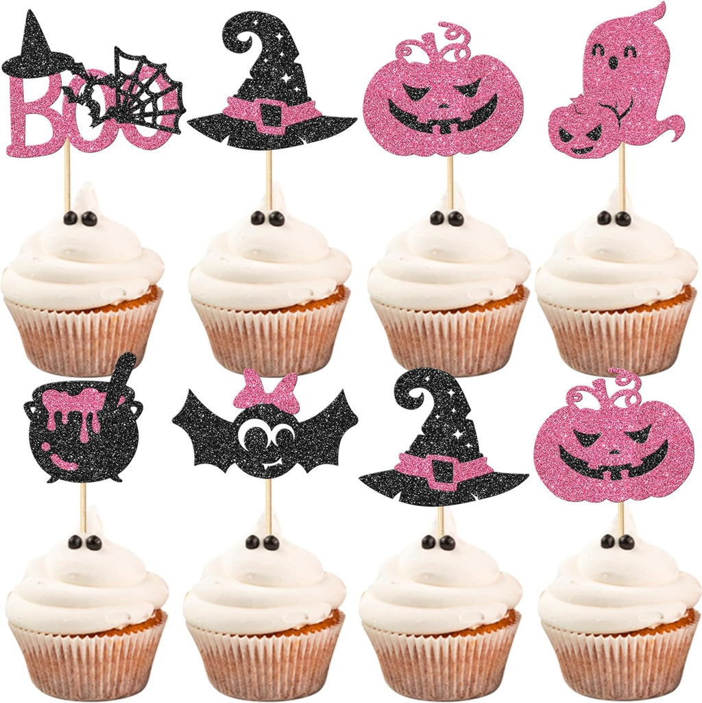 Rsstarxi 24 Pack Halloween Cupcake Toppers Glitter Ghost Boo Spider Bat Pumpkin Witch Hat Cupcake Picks Decorations for Halloween Theme Baby Shower Kids Birthday Party Cake Decorations