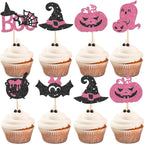 Rsstarxi 24 Pack Halloween Cupcake Toppers Glitter Ghost Boo Spider Bat Pumpkin Witch Hat Cupcake Picks Decorations for Halloween Theme Baby Shower Kids Birthday Party Cake Decorations