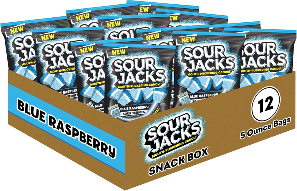 SOUR JACKS, Sour Gummy Wedges, Blue Raspberry Flavored Candy, 5oz Bag (12 Pack)